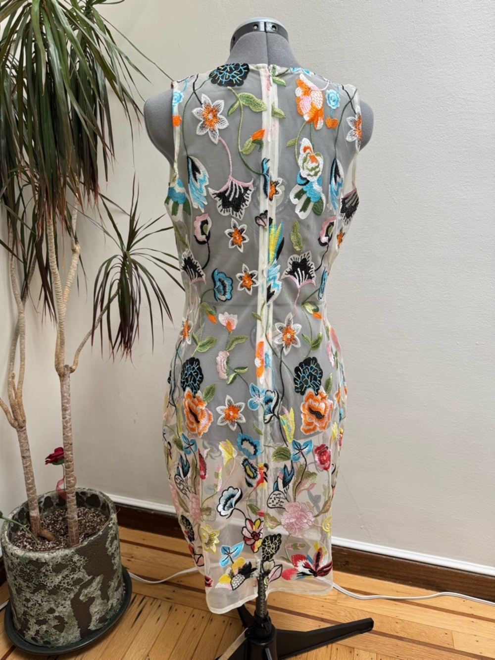 Floral Embroidered Mesh Sheath Dress - Sheer Overlay Sleeveless - Picture 2 of 10